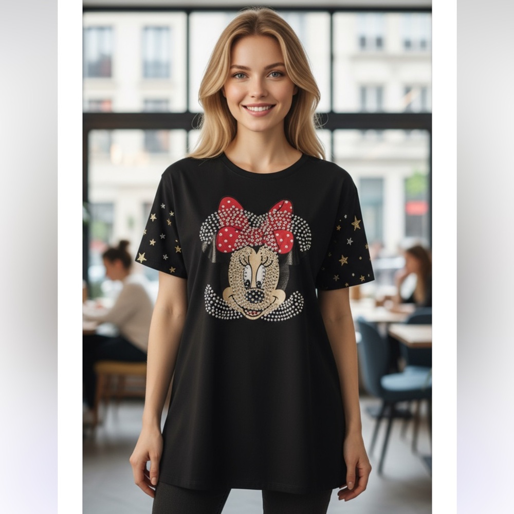 Black t-shirt featuring‎ a rhinestone-studded Minnie Mouse design.